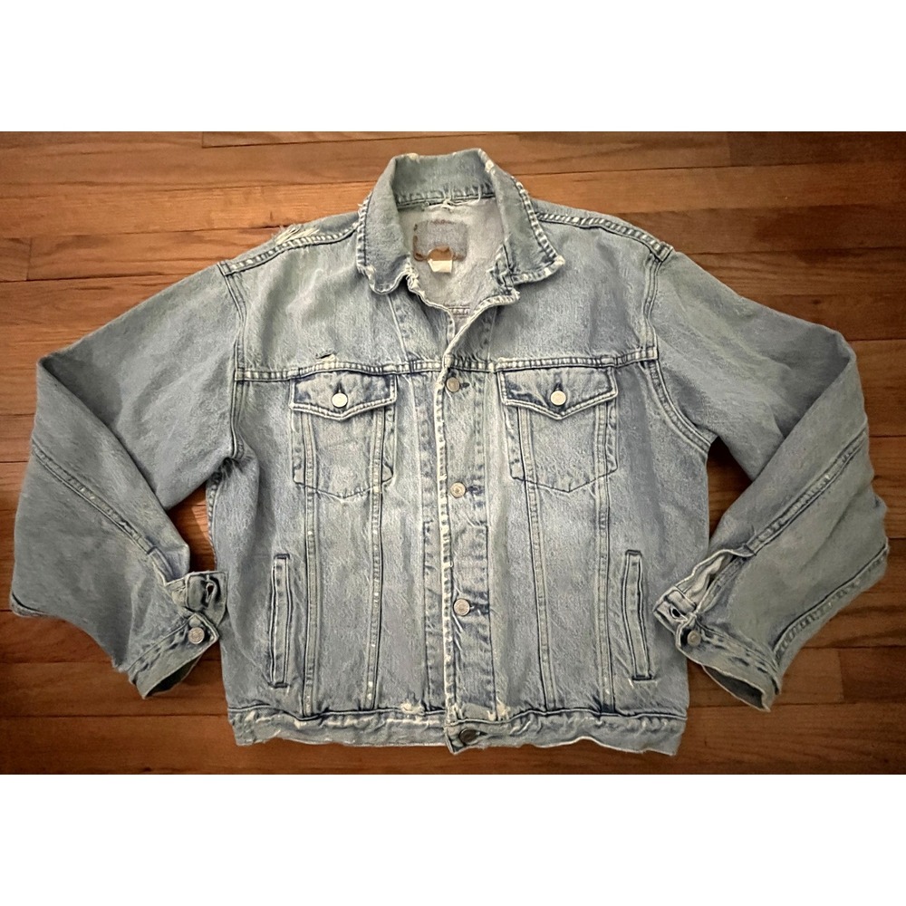 Vintage 1992 GAP Destroyed Retro 100% Cotton Blue Denim Jean Jacket Men L